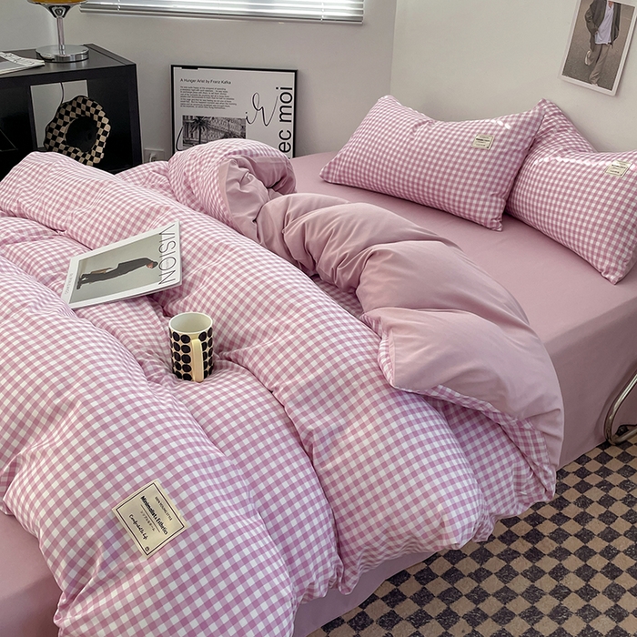 91家纺网 家纺一手货源 找家纺 优尚佳生活馆 2025新款无印风亲肤磨毛四件套-格子 紫小格