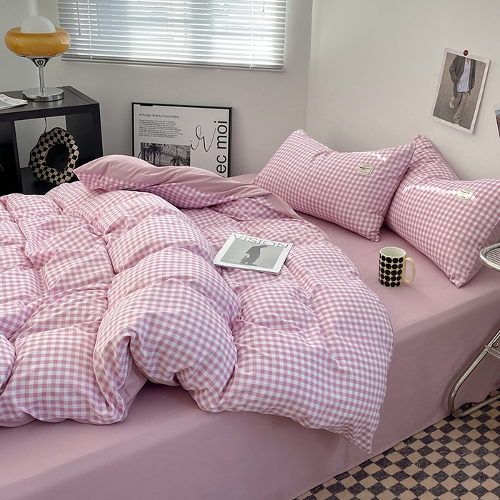 91家纺网 家纺一手货源 找家纺 优尚佳生活馆 2025新款无印风亲肤磨毛四件套-格子 紫小格