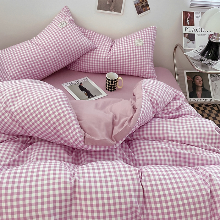 91家纺网 家纺一手货源 找家纺 优尚佳生活馆 2025新款无印风亲肤磨毛四件套-格子 紫小格