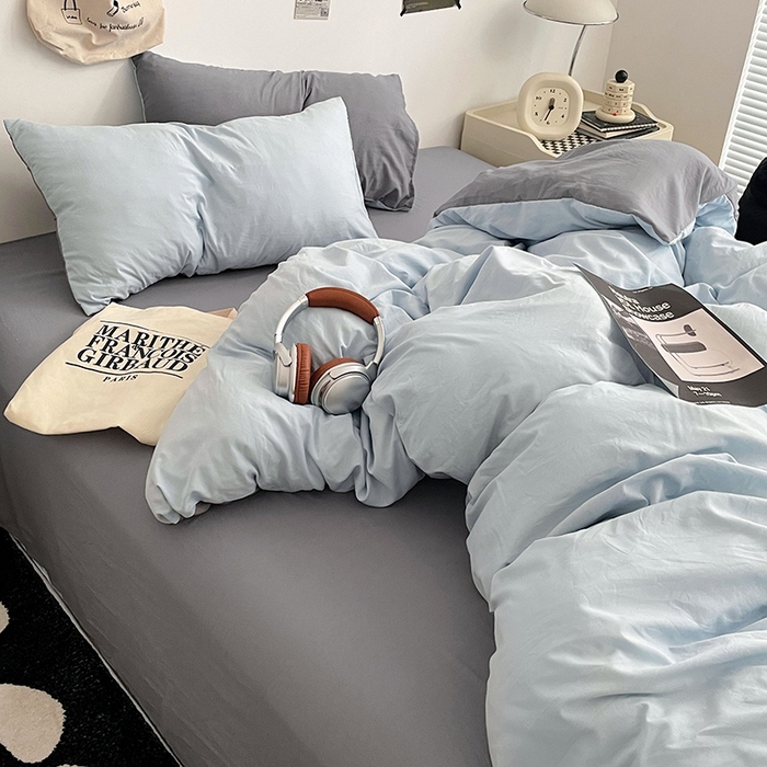 91家纺网 家纺一手货源 找家纺 优尚佳生活馆 2025新款INS风亲肤水洗棉四件套系列-纯色 莫奈灰蓝