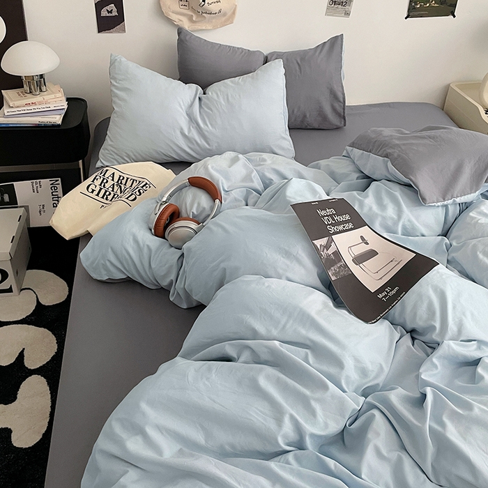 91家纺网 家纺一手货源 找家纺 优尚佳生活馆 2025新款INS风亲肤水洗棉四件套系列-纯色 莫奈灰蓝