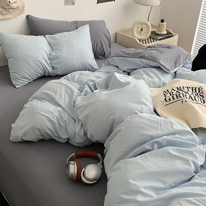 91家纺网 家纺一手货源 找家纺 优尚佳生活馆 2025新款INS风亲肤水洗棉四件套系列-纯色 莫奈灰蓝