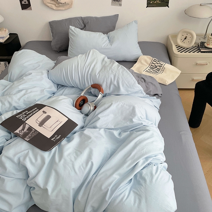 91家纺网 家纺一手货源 找家纺 优尚佳生活馆 2025新款INS风亲肤水洗棉四件套系列-纯色 莫奈灰蓝