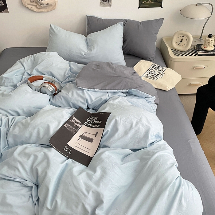 91家纺网 家纺一手货源 找家纺 优尚佳生活馆 2025新款INS风亲肤水洗棉四件套系列-纯色 莫奈灰蓝