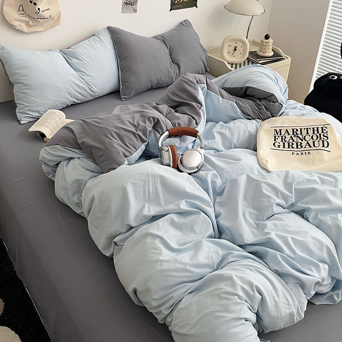 91家纺网 家纺一手货源 找家纺 优尚佳生活馆 2025新款INS风亲肤水洗棉四件套系列-纯色 莫奈灰蓝