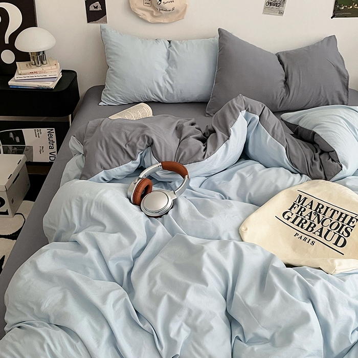 91家纺网 家纺一手货源 找家纺 优尚佳生活馆 2025新款INS风亲肤水洗棉四件套系列-纯色 莫奈灰蓝