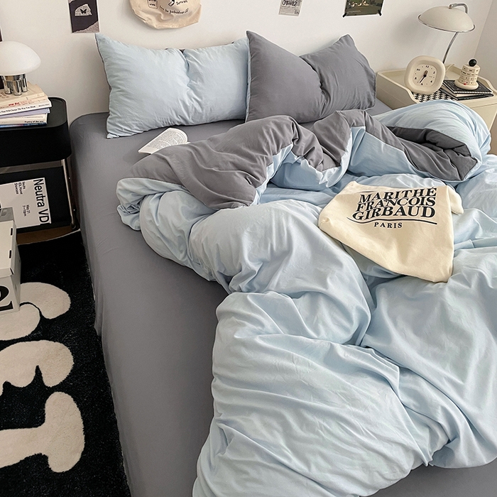 91家纺网 家纺一手货源 找家纺 优尚佳生活馆 2025新款INS风亲肤水洗棉四件套系列-纯色 莫奈灰蓝