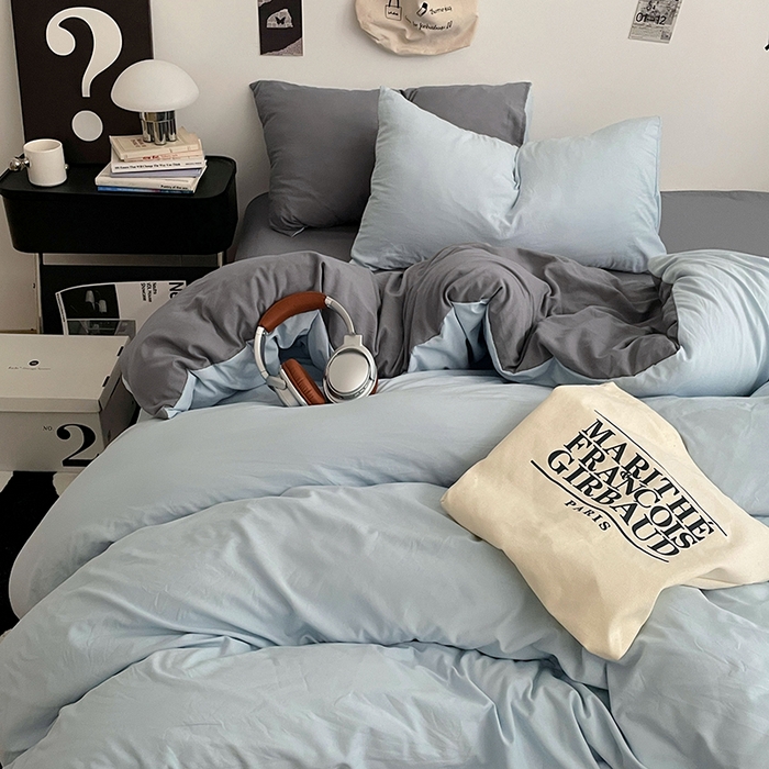 91家纺网 家纺一手货源 找家纺 优尚佳生活馆 2025新款INS风亲肤水洗棉四件套系列-纯色 莫奈灰蓝