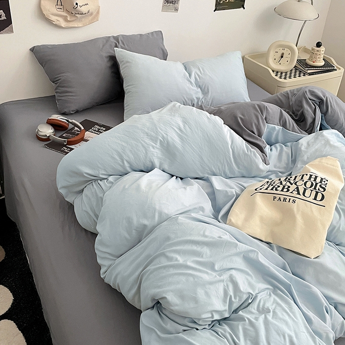 91家纺网 家纺一手货源 找家纺 优尚佳生活馆 2025新款INS风亲肤水洗棉四件套系列-纯色 莫奈灰蓝