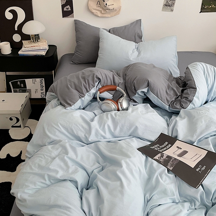 91家纺网 家纺一手货源 找家纺 优尚佳生活馆 2025新款INS风亲肤水洗棉四件套系列-纯色 莫奈灰蓝