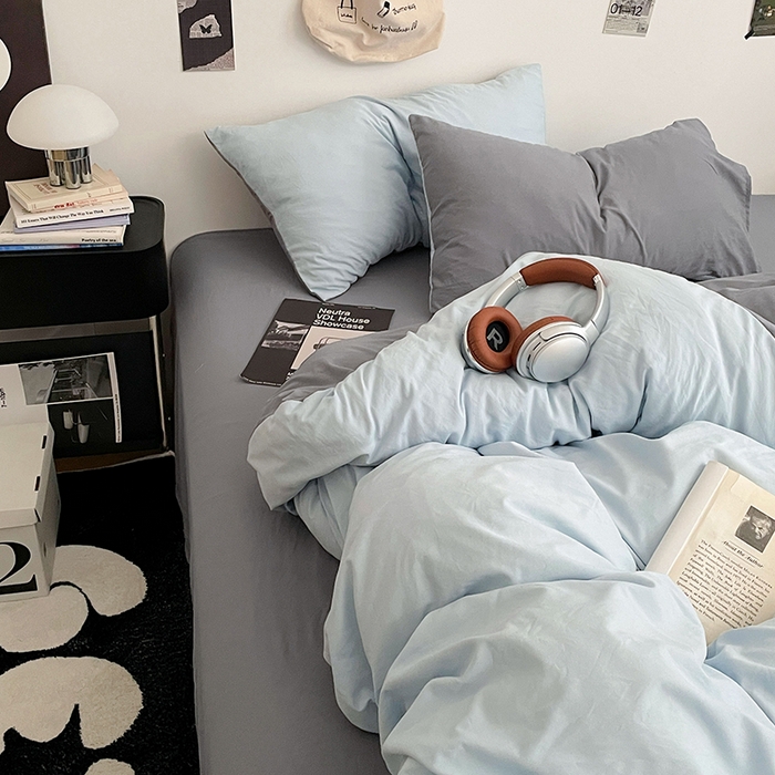 91家纺网 家纺一手货源 找家纺 优尚佳生活馆 2025新款INS风亲肤水洗棉四件套系列-纯色 莫奈灰蓝