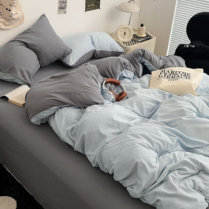 91家纺网 家纺一手货源 找家纺 优尚佳生活馆 2025新款INS风亲肤水洗棉四件套系列-纯色 莫奈灰蓝