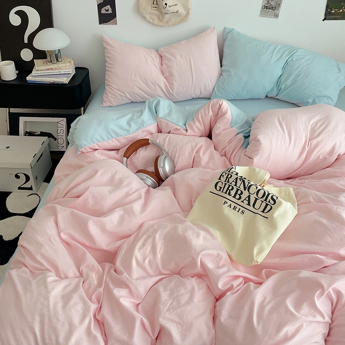 91家纺网 家纺一手货源 找家纺 优尚佳生活馆 2025新款INS风亲肤水洗棉四件套系列-纯色 慕云粉