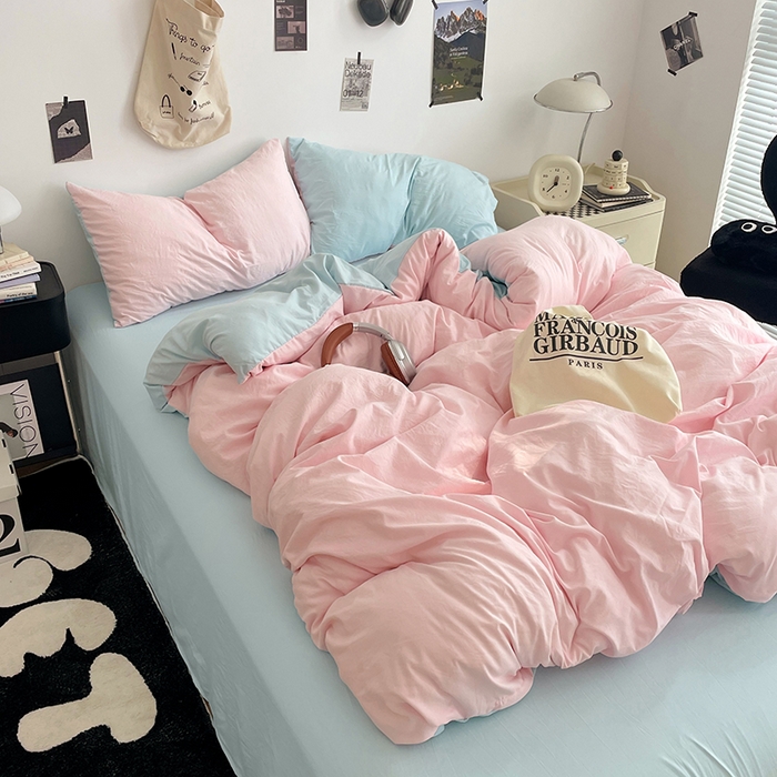 91家纺网 家纺一手货源 找家纺 优尚佳生活馆 2025新款INS风亲肤水洗棉四件套系列-纯色 慕云粉