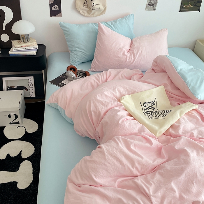 91家纺网 家纺一手货源 找家纺 优尚佳生活馆 2025新款INS风亲肤水洗棉四件套系列-纯色 慕云粉