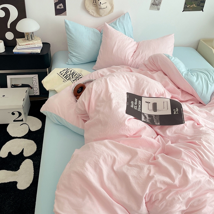 91家纺网 家纺一手货源 找家纺 优尚佳生活馆 2025新款INS风亲肤水洗棉四件套系列-纯色 慕云粉