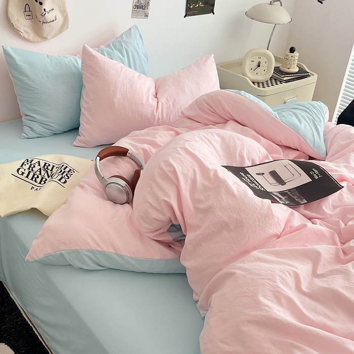 91家纺网 家纺一手货源 找家纺 优尚佳生活馆 2025新款INS风亲肤水洗棉四件套系列-纯色 慕云粉