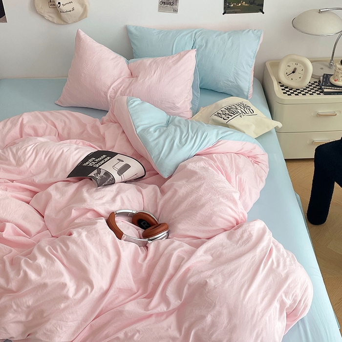 91家纺网 家纺一手货源 找家纺 优尚佳生活馆 2025新款INS风亲肤水洗棉四件套系列-纯色 慕云粉