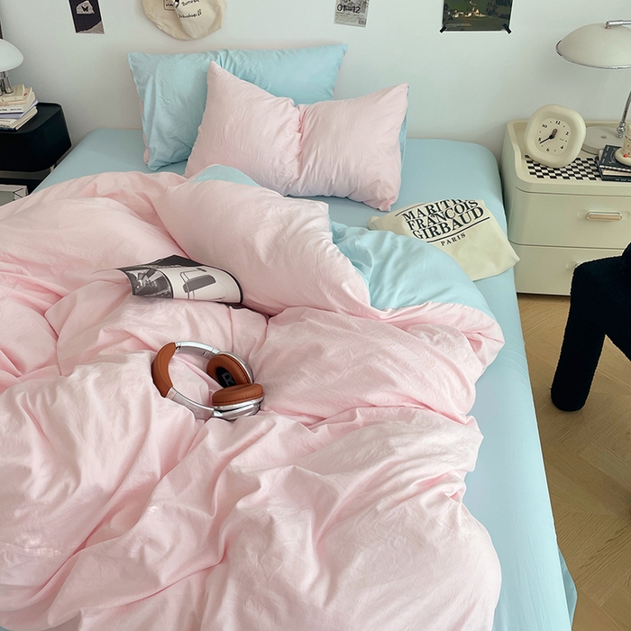 91家纺网 家纺一手货源 找家纺 优尚佳生活馆 2025新款INS风亲肤水洗棉四件套系列-纯色 慕云粉