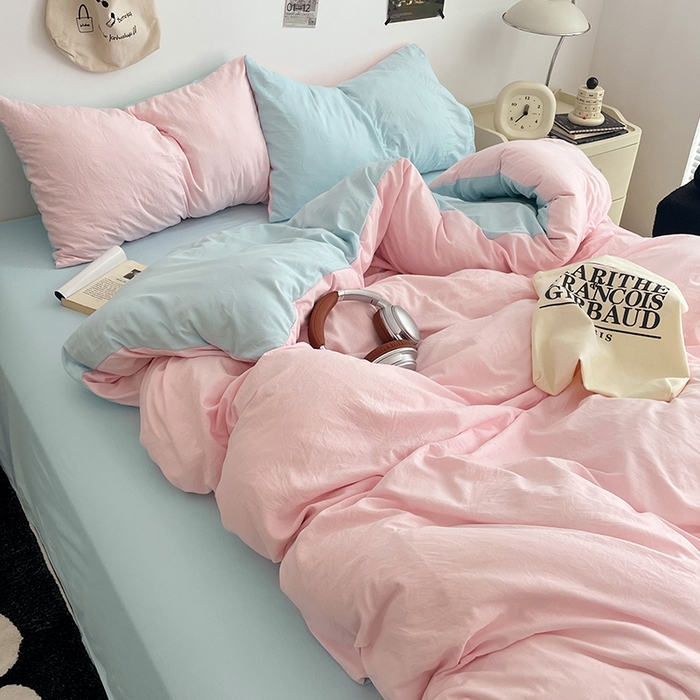 91家纺网 家纺一手货源 找家纺 优尚佳生活馆 2025新款INS风亲肤水洗棉四件套系列-纯色 慕云粉