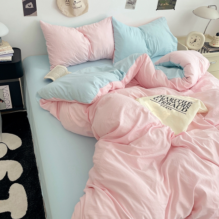 91家纺网 家纺一手货源 找家纺 优尚佳生活馆 2025新款INS风亲肤水洗棉四件套系列-纯色 慕云粉