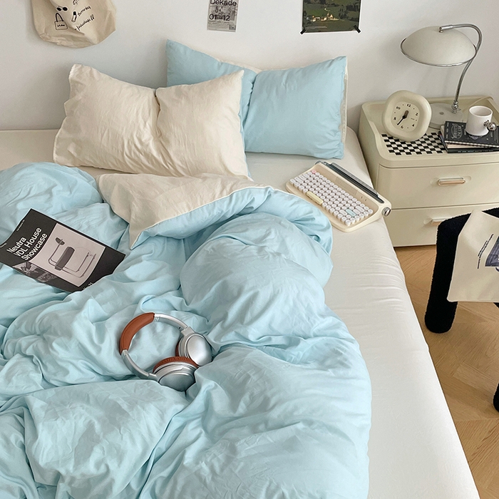 91家纺网 家纺一手货源 找家纺 优尚佳生活馆 2025新款INS风亲肤水洗棉四件套系列-纯色 霜雪蔚蓝