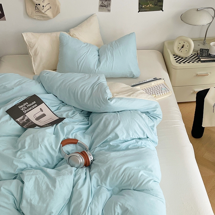 91家纺网 家纺一手货源 找家纺 优尚佳生活馆 2025新款INS风亲肤水洗棉四件套系列-纯色 霜雪蔚蓝