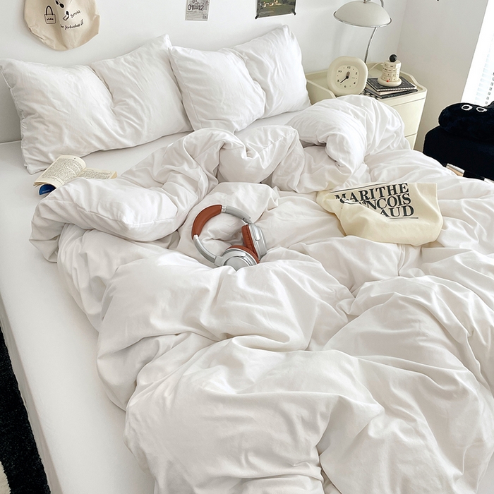 91家纺网 家纺一手货源 找家纺 优尚佳生活馆 2025新款INS风亲肤水洗棉四件套系列-纯色 云朵白