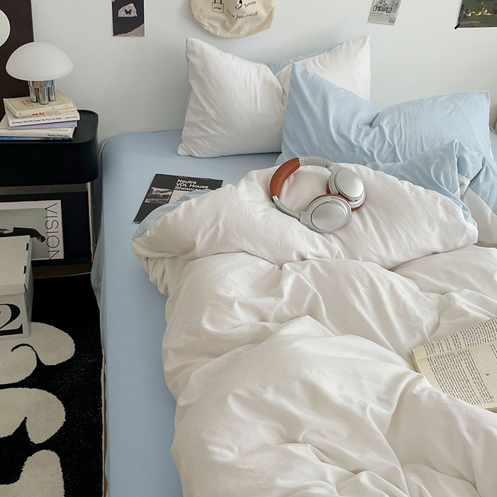 91家纺网 家纺一手货源 找家纺 优尚佳生活馆 2025新款INS风亲肤水洗棉四件套系列-纯色 云朵冰蓝