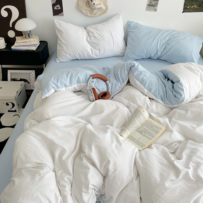 91家纺网 家纺一手货源 找家纺 优尚佳生活馆 2025新款INS风亲肤水洗棉四件套系列-纯色 云朵冰蓝