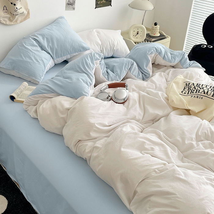 91家纺网 家纺一手货源 找家纺 优尚佳生活馆 2025新款INS风亲肤水洗棉四件套系列-纯色 云朵冰蓝