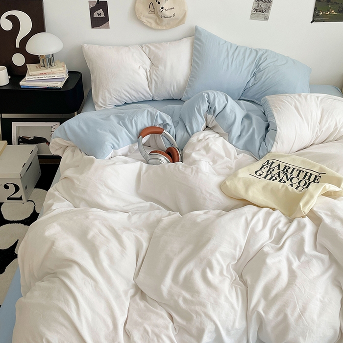 91家纺网 家纺一手货源 找家纺 优尚佳生活馆 2025新款INS风亲肤水洗棉四件套系列-纯色 云朵冰蓝