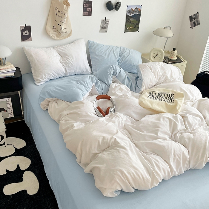 91家纺网 家纺一手货源 找家纺 优尚佳生活馆 2025新款INS风亲肤水洗棉四件套系列-纯色 云朵冰蓝