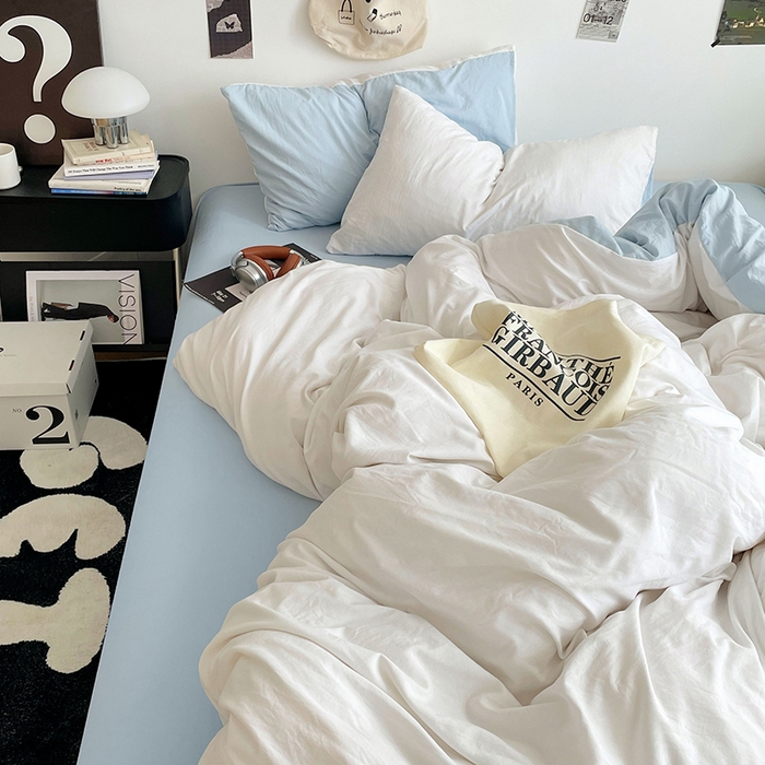 91家纺网 家纺一手货源 找家纺 优尚佳生活馆 2025新款INS风亲肤水洗棉四件套系列-纯色 云朵冰蓝