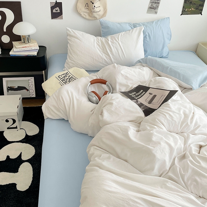 91家纺网 家纺一手货源 找家纺 优尚佳生活馆 2025新款INS风亲肤水洗棉四件套系列-纯色 云朵冰蓝