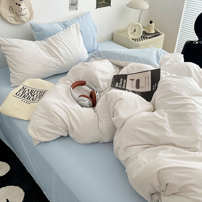 91家纺网 家纺一手货源 找家纺 优尚佳生活馆 2025新款INS风亲肤水洗棉四件套系列-纯色 云朵冰蓝