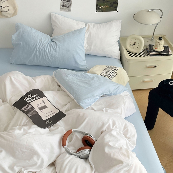 91家纺网 家纺一手货源 找家纺 优尚佳生活馆 2025新款INS风亲肤水洗棉四件套系列-纯色 云朵冰蓝