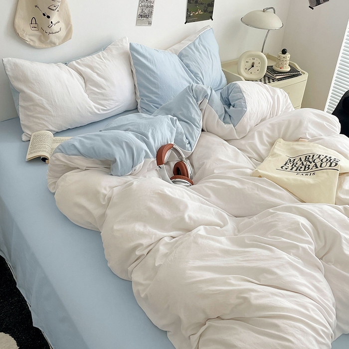 91家纺网 家纺一手货源 找家纺 优尚佳生活馆 2025新款INS风亲肤水洗棉四件套系列-纯色 云朵冰蓝
