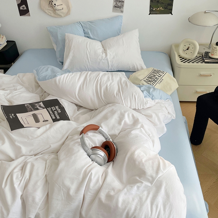 91家纺网 家纺一手货源 找家纺 优尚佳生活馆 2025新款INS风亲肤水洗棉四件套系列-纯色 云朵冰蓝