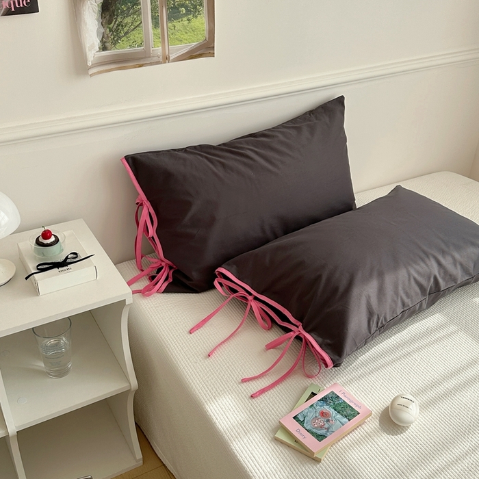 尺素 2025新款纯棉绑带款ins风博主单枕套全棉成人枕头套纯色蝴蝶结枕芯枕套 绑带枕套  岩石灰