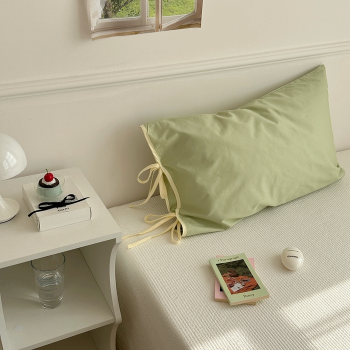 91家纺网 家纺一手货源 找家纺 尺素 2025新款纯棉绑带款ins风博主单枕套全棉成人枕头套纯色蝴蝶结枕芯枕套 绑带枕套 青提