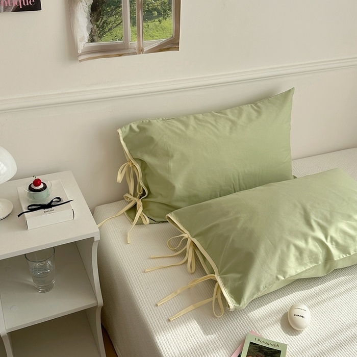 尺素 2025新款纯棉绑带款ins风博主单枕套全棉成人枕头套纯色蝴蝶结枕芯枕套 绑带枕套 青提