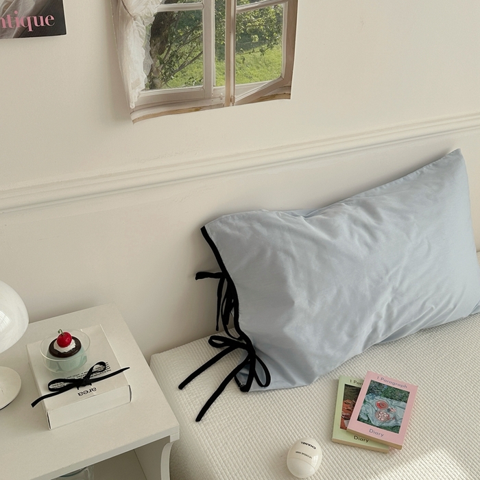 91家纺网 家纺一手货源 找家纺 尺素 2025新款纯棉绑带款ins风博主单枕套全棉成人枕头套纯色蝴蝶结枕芯枕套 绑带枕套 夏至