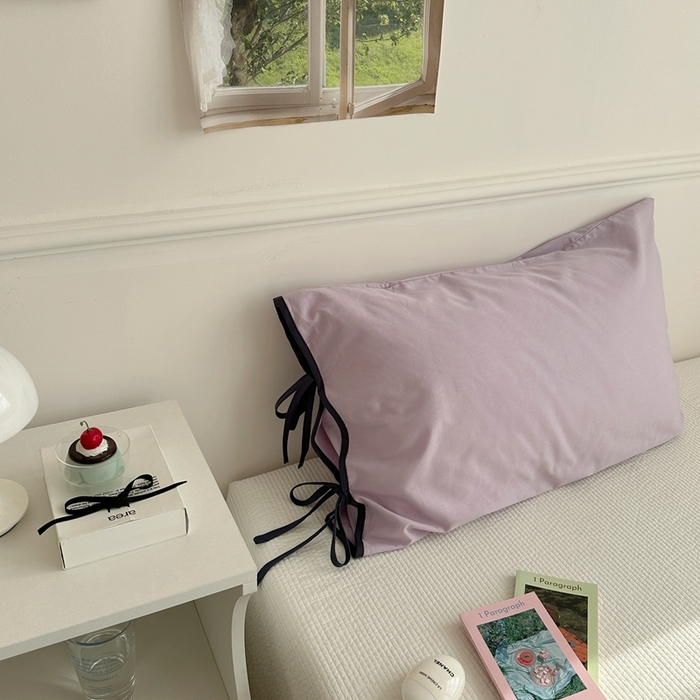 91家纺网 家纺一手货源 找家纺 尺素 2025新款纯棉绑带款ins风博主单枕套全棉成人枕头套纯色蝴蝶结枕芯枕套 绑带枕套 香芋紫