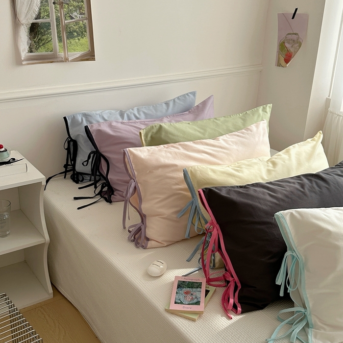 91家纺网 家纺一手货源 找家纺 尺素 2025新款纯棉绑带款ins风博主单枕套全棉成人枕头套纯色蝴蝶结枕芯枕套 组合图仅供参考