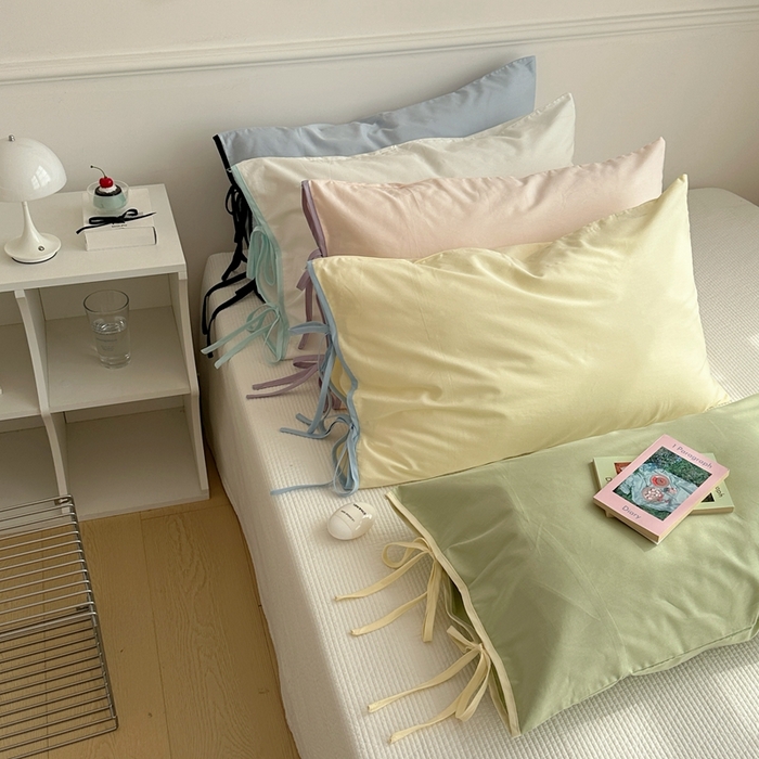 91家纺网 家纺一手货源 找家纺 尺素 2025新款纯棉绑带款ins风博主单枕套全棉成人枕头套纯色蝴蝶结枕芯枕套 组合图仅供参考