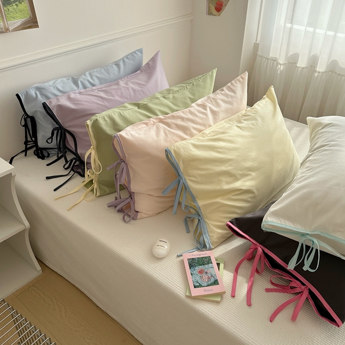 91家纺网 家纺一手货源 找家纺 尺素 2025新款纯棉绑带款ins风博主单枕套全棉成人枕头套纯色蝴蝶结枕芯枕套 组合图仅供参考