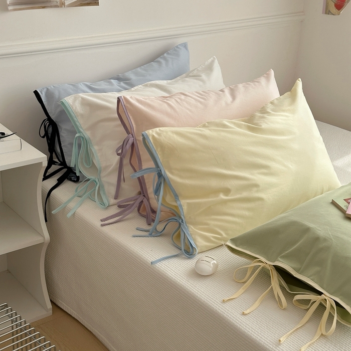 91家纺网 家纺一手货源 找家纺 尺素 2025新款纯棉绑带款ins风博主单枕套全棉成人枕头套纯色蝴蝶结枕芯枕套 组合图仅供参考