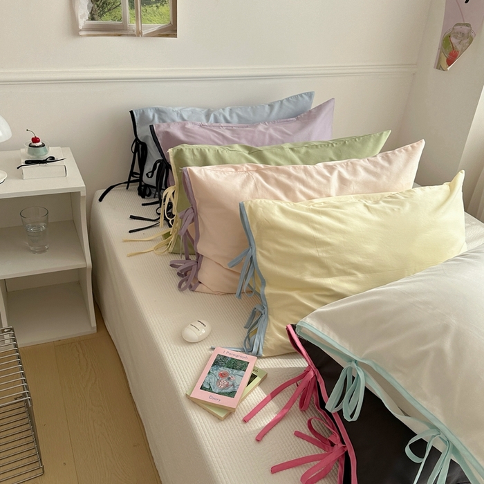 91家纺网 家纺一手货源 找家纺 尺素 2025新款纯棉绑带款ins风博主单枕套全棉成人枕头套纯色蝴蝶结枕芯枕套 组合图仅供参考