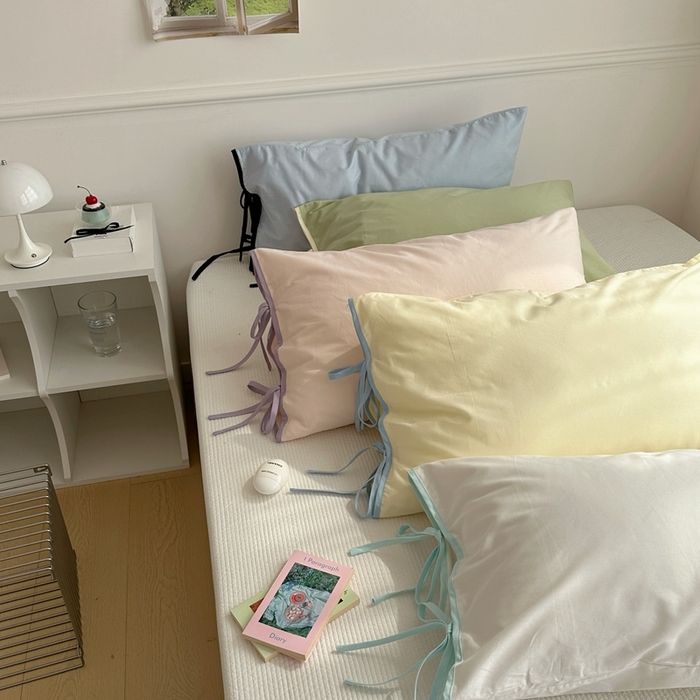 91家纺网 家纺一手货源 找家纺 尺素 2025新款纯棉绑带款ins风博主单枕套全棉成人枕头套纯色蝴蝶结枕芯枕套 组合图仅供参考